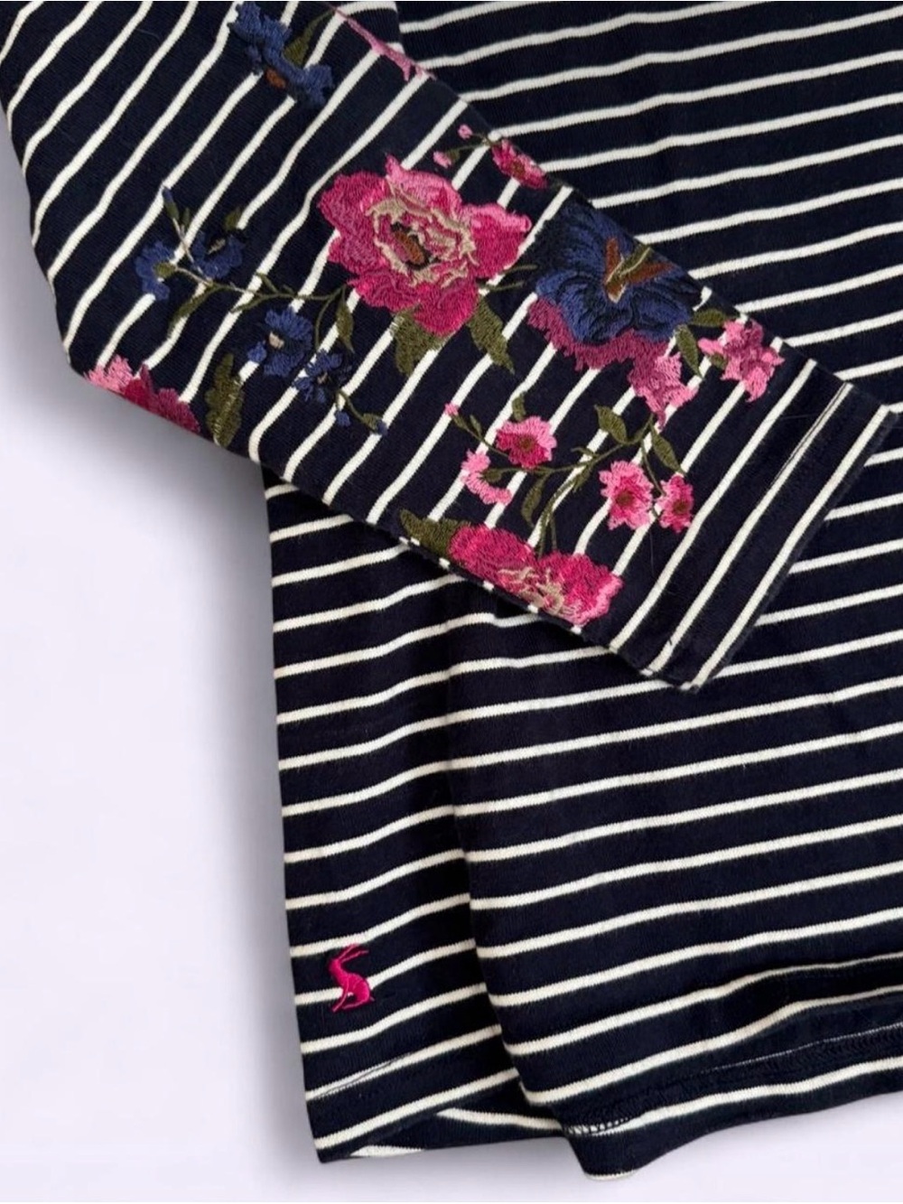 Joules Striped Nautical Harbor Shirt Floral Embroidered Sleeves Cotton Preppy